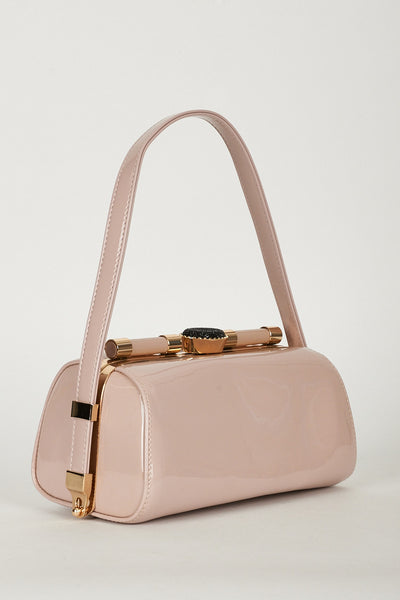 Pale Pink Retro Patent Evening Clutch Bag With Golden Framing