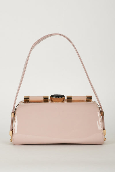 Pale Pink Retro Patent Evening Clutch Bag With Golden Framing