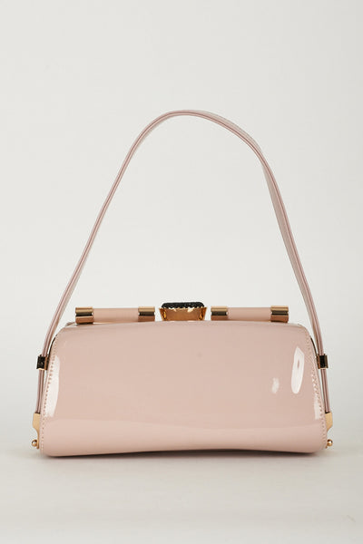 Pale Pink Retro Patent Evening Clutch Bag With Golden Framing