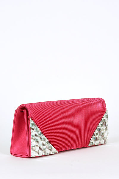 Glass Beads Rhinestone Detail Creased Clutch Bag