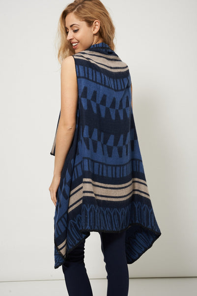 Sleeveless Waterfall Cardigan With Abstract Design