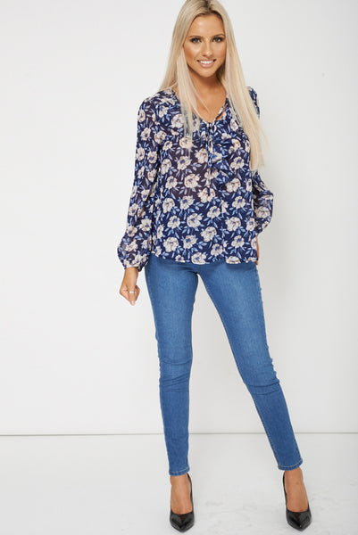 Floral Print Long Sleeve Frill Top