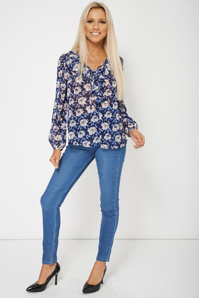 Floral Print Long Sleeve Frill Top