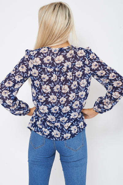 Floral Print Long Sleeve Frill Top