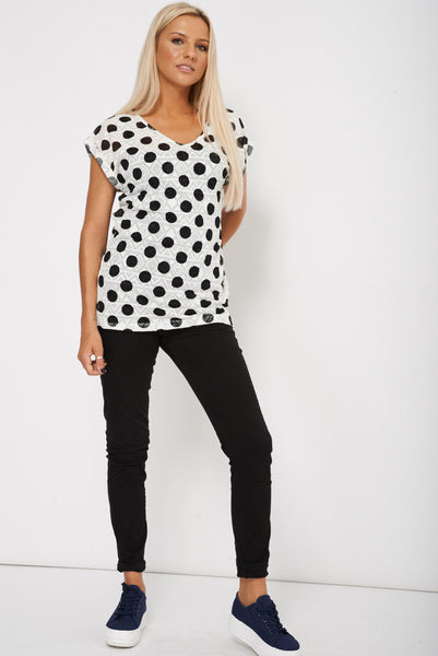 Polka Dot Holey Detailed T-Shirt