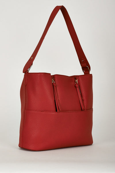 Medium Red Textured Shopper Bag With Decorative Zippers