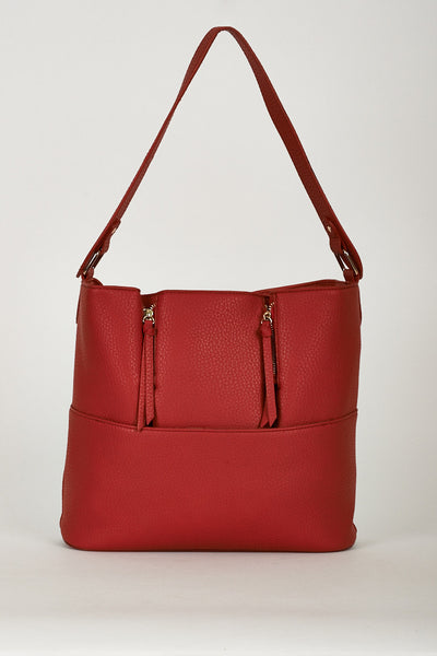 Medium Red Textured Shopper Bag With Decorative Zippers