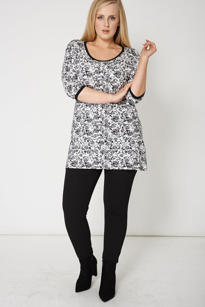 Floral Designed Top With Contrast Colour Neckline